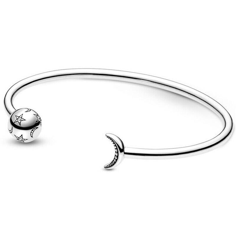 925 Sterling Silver CZ Crescent Moon and Star Open Cuff Bangle