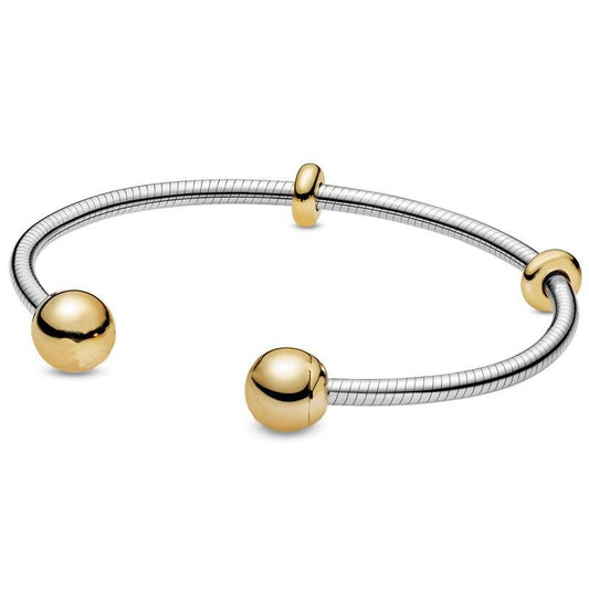 925 Sterling Silver And 18k Gold Plated Ball Open Bangle