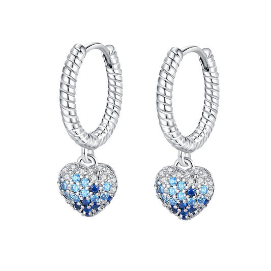 925 Sterling Silver Blue Pave Dangle Heart Earrings