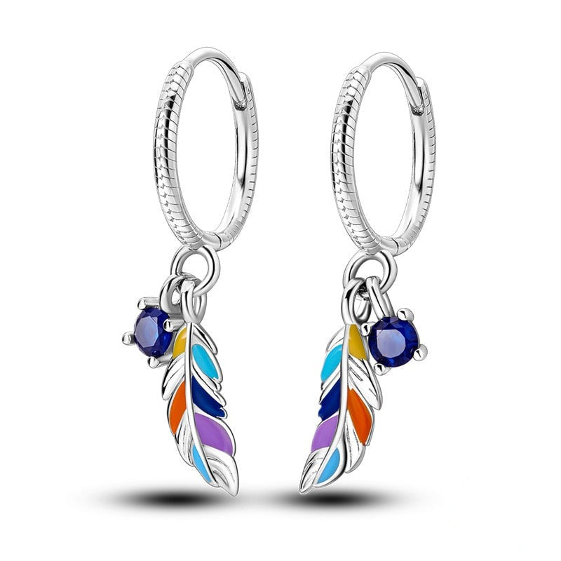 925 Sterling Silver Multi Colour Feather Earrings