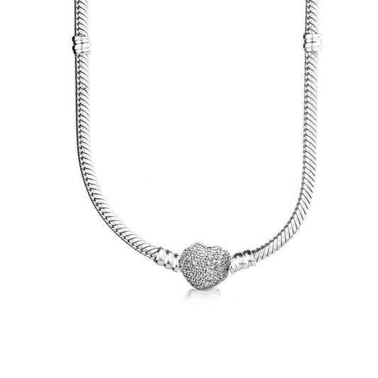 925 Sterling Silver Pave Heart Lock Charm Necklace