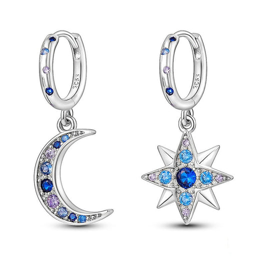 925 Sterling Silver Moon Star Pave  Earrings