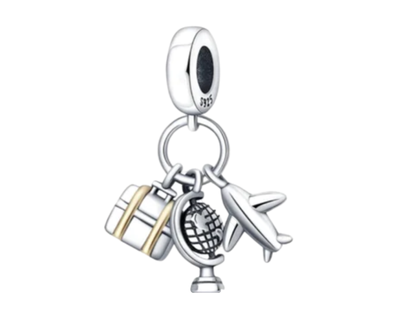 925 Sterling Silver Airplane, Globe & Suitcase Dangle Charm