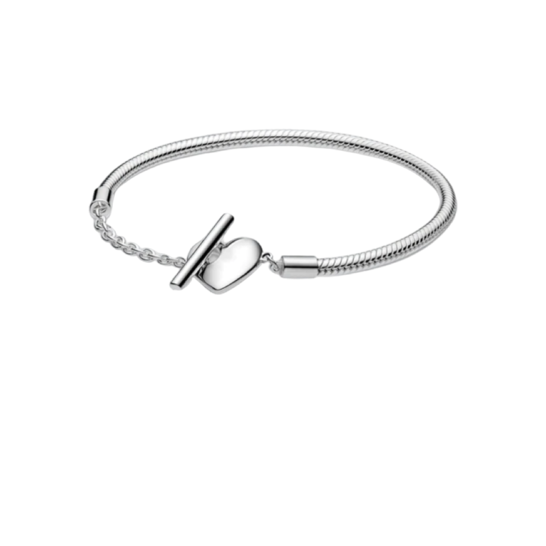 925 Sterling Silver Heart T-Bar Snake Chain Bracelet