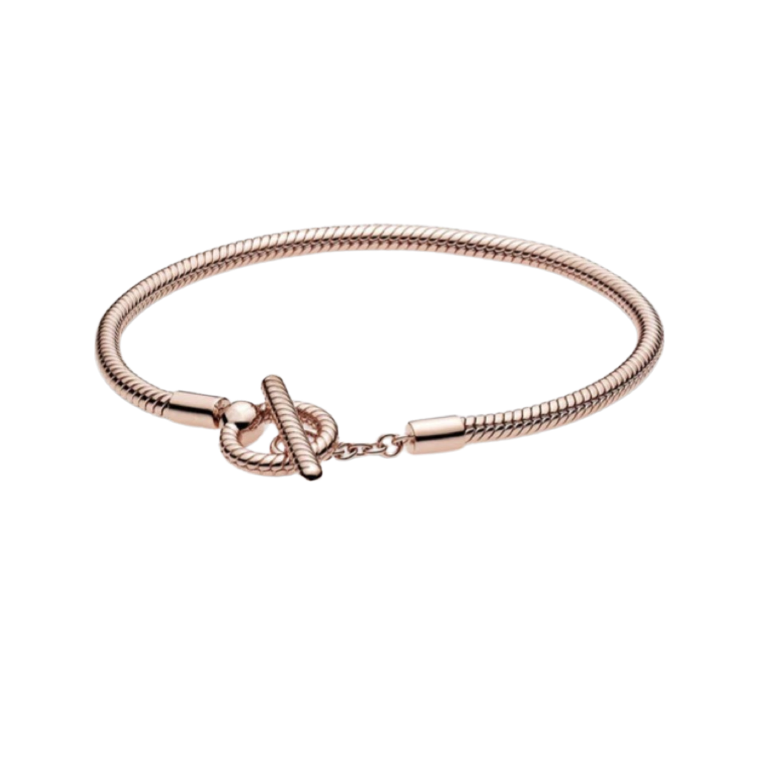 14k Rose Gold Plated 925 Sterling Silver T-Bar Snake Chain Bracelet