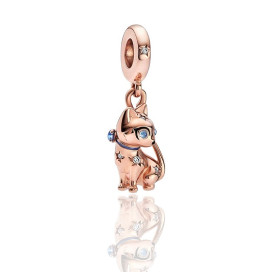 14k Rose Gold Plated 925 Sterling Silver Glittering Cat Dangle Charm