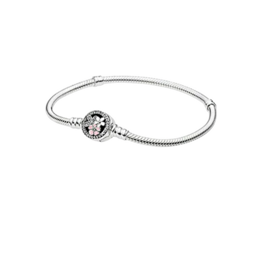 925 Sterling Silver Pink Flower Snake Chain Bracelet