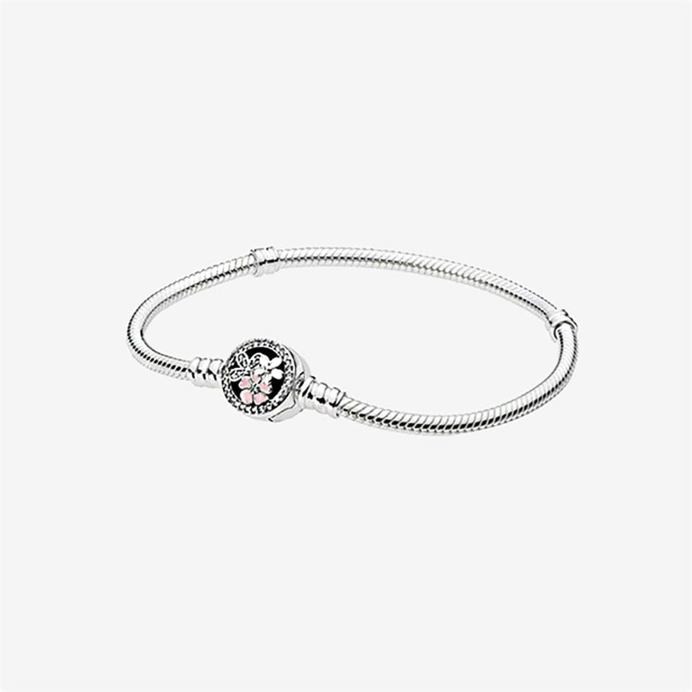 925 Sterling Silver Pink Flower Snake Chain Bracelet