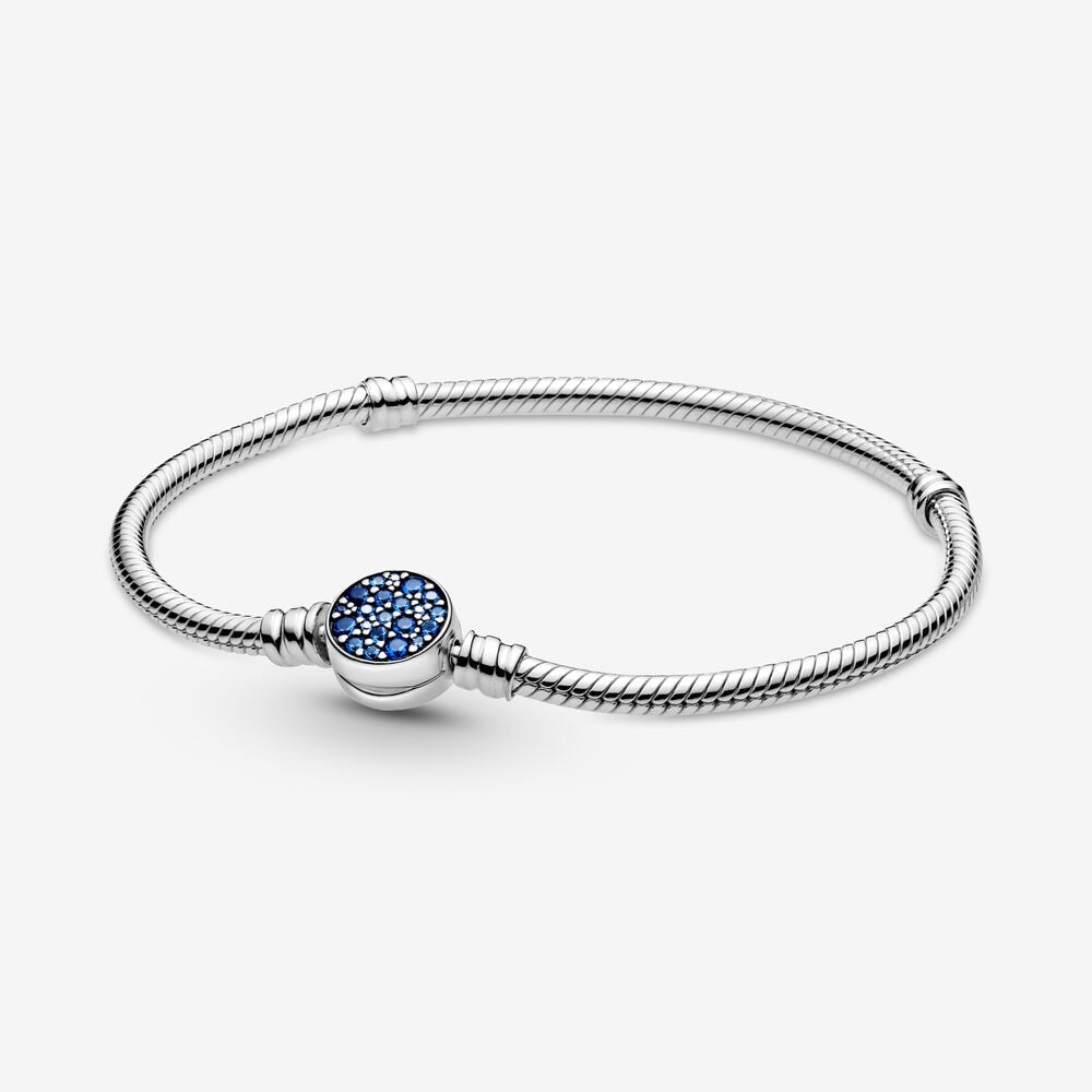 925 Sterling Silver Sparkling Blue Gems Clasp Snake Chain Bracelet