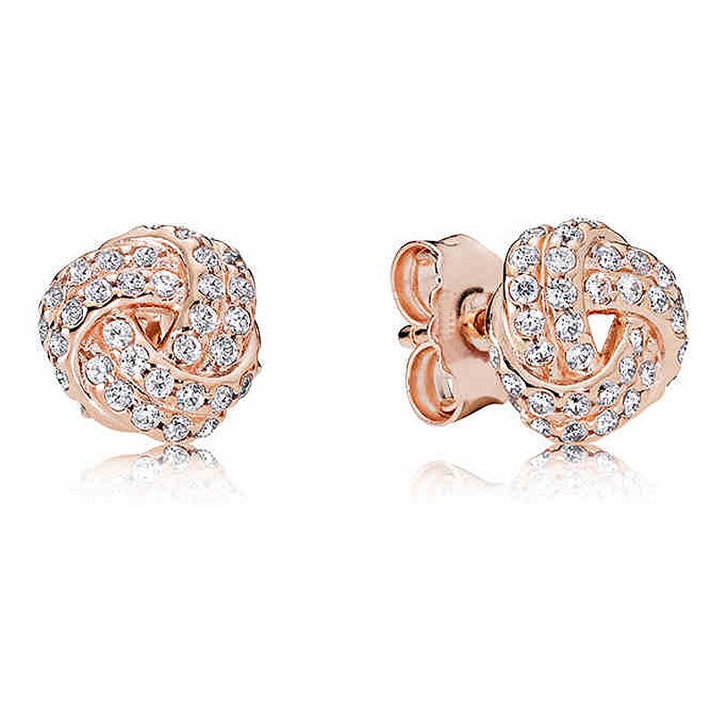 14k Rose Gold Plated 925 Sterling Silver Pave Knot Stud Earrings