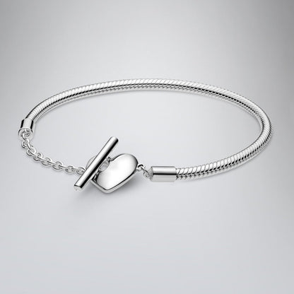 925 Sterling Silver Heart T-Bar Snake Chain Bracelet