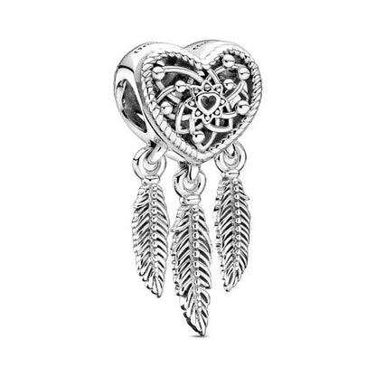 925 Sterling Silver Heart & Three Feathers Dream catcher Charm