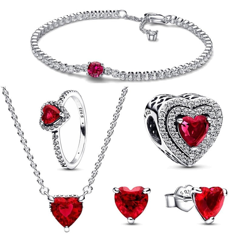 925 Sterling Silver Red Heart Bracelet Ring Charm Necklace Earrings