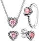 925 Sterling Silver Pink Heart Earring Ring Necklace