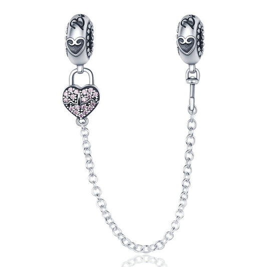 925 Sterling Silver Pink Heart Safety Chain