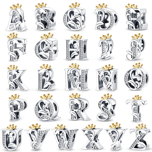 925 Sterling Silver Letters Alphabet Crown Charms