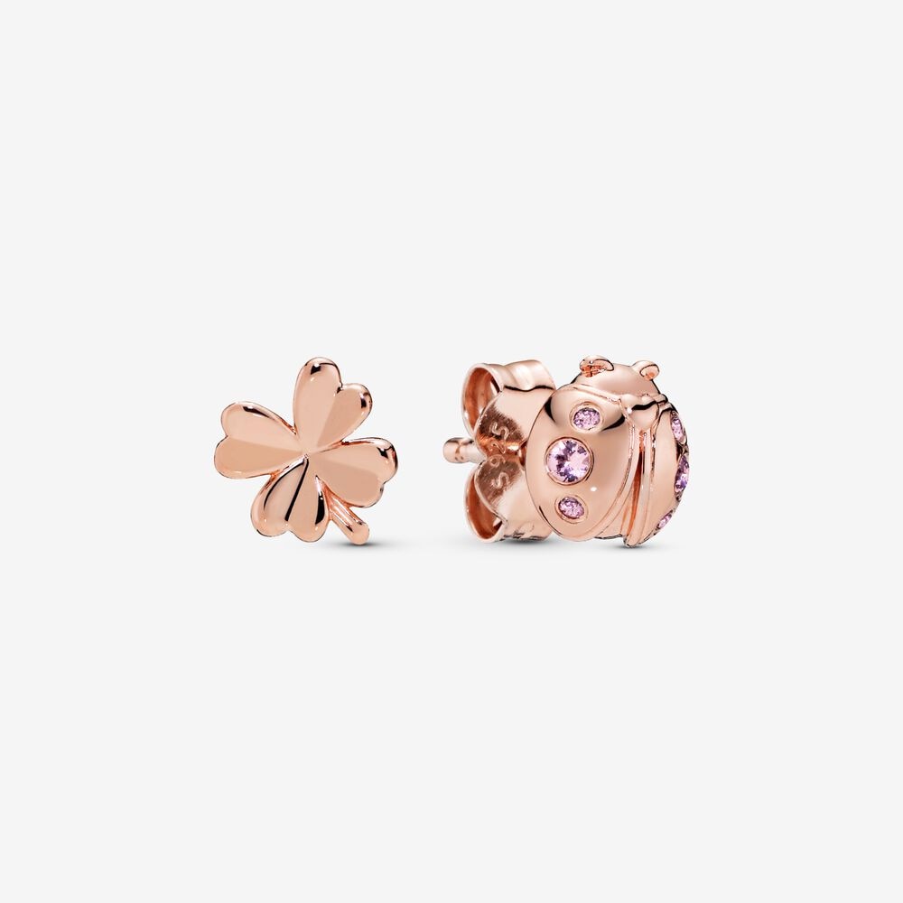 14k Rose Gold-Plated 925 Sterling Silver Lady Bird And Clover Stud Set Earrings