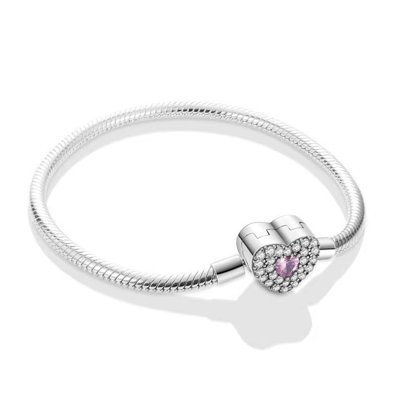 925 Sterling Silver Pink Pave Heart Lock Bracelet