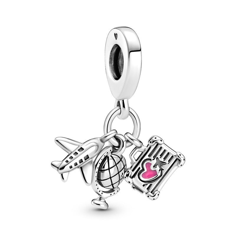 925 Sterling Silver Airplane, Globe & Pink Heart Suitcase Dangle Charm