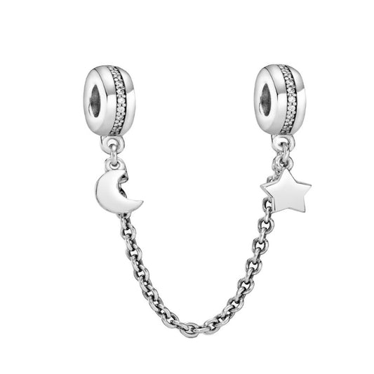 925 Sterling Silver Moon Crescent & Star Safety Chain Charm