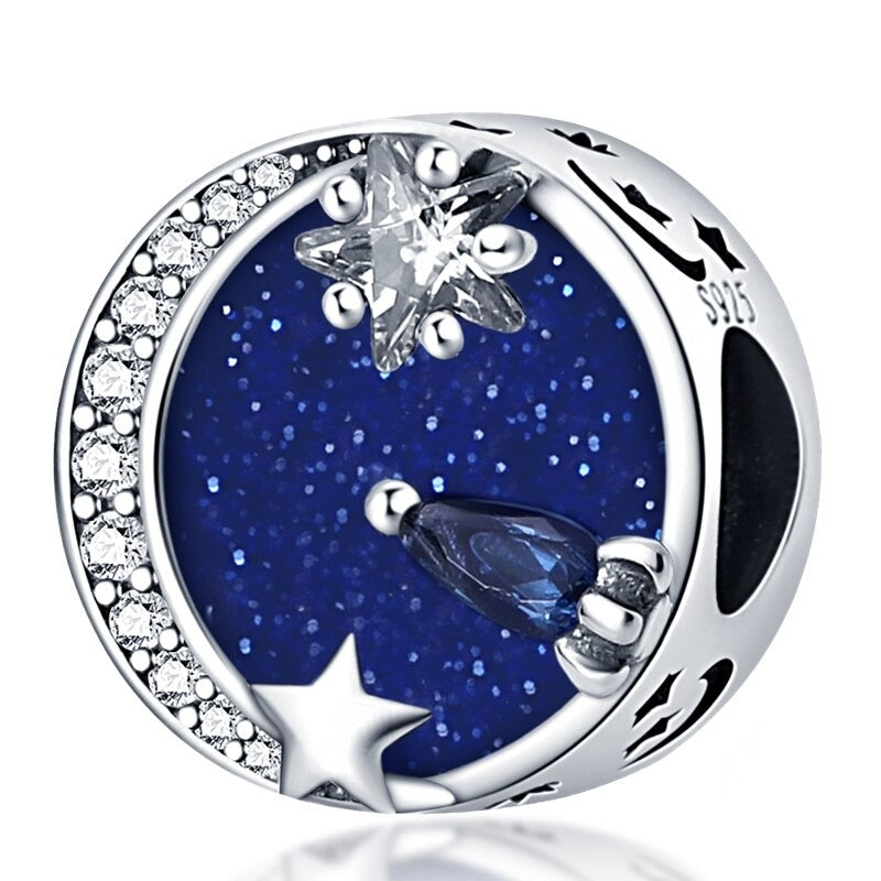 925 Sterling Silver Blue Night Sky Crescent Moon & Stars Charm