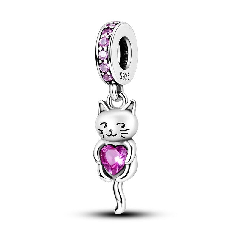 925 Sterling Silver Purple cat Dangle Charm